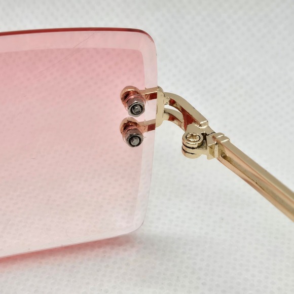 Trendy Pink Tinted‎ Rectangular Sunglasses Gold Frame 2023 Modern Chic Eyewear - Picture 2 of 8